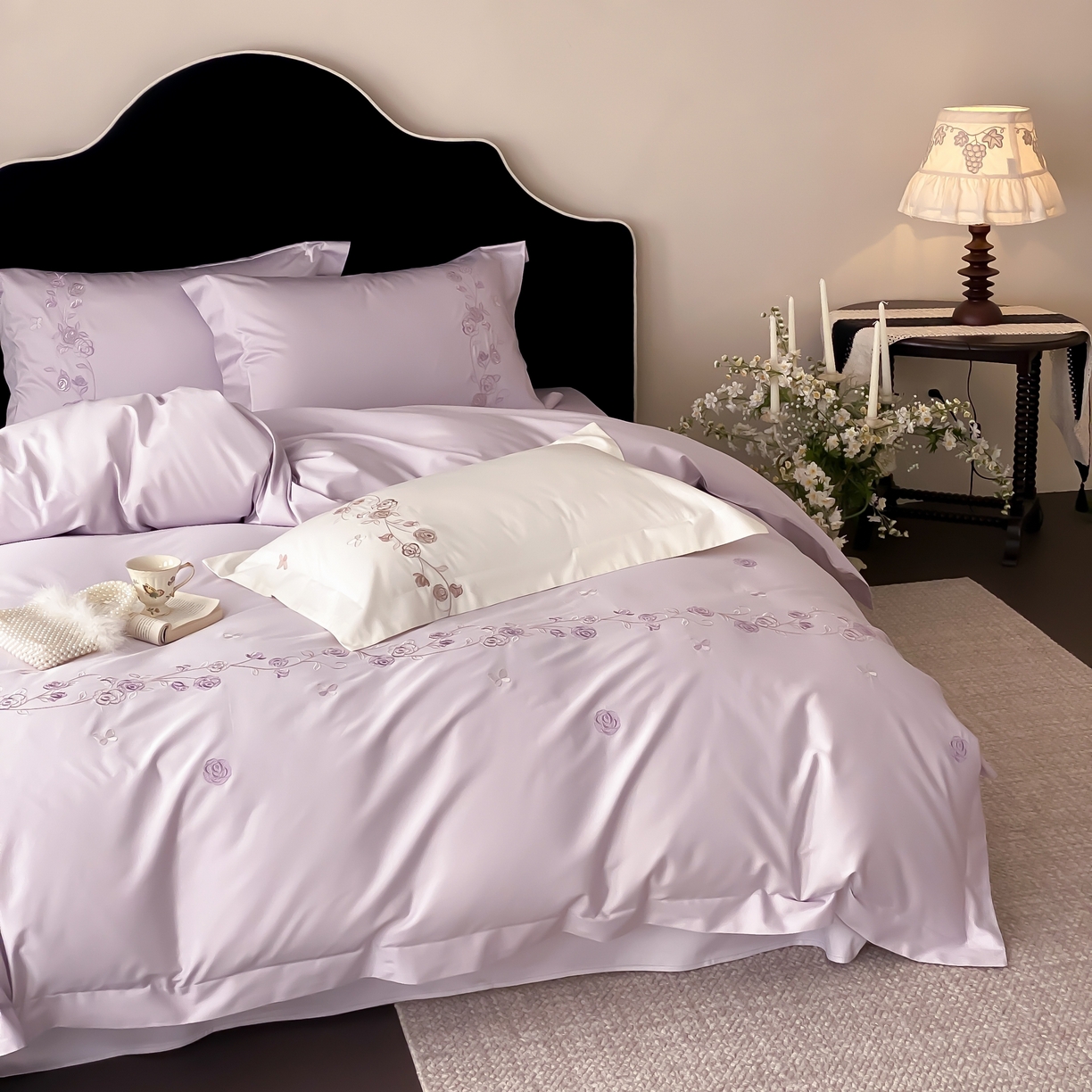 91家纺网 家纺一手货源 找家纺 树下 2026新款A类高支高密贡缎长绒棉全棉纯棉刺绣四件套（控价399） 萦梦-紫