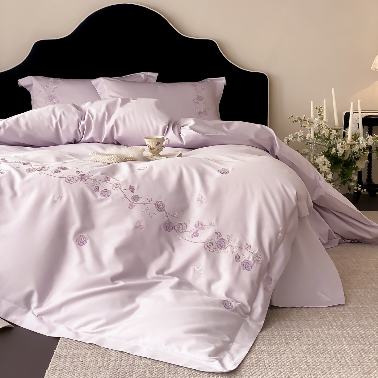 91家纺网 家纺一手货源 找家纺 树下 2026新款A类高支高密贡缎长绒棉全棉纯棉刺绣四件套（控价399） 萦梦-紫