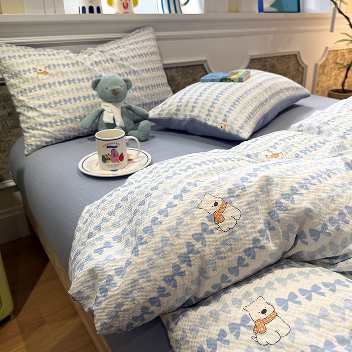 91家纺网 家纺一手货源 找家纺 水墨江南 2026直播热款泡芙棉双层纱四件套 泡芙小狗