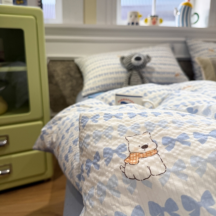 91家纺网 家纺一手货源 找家纺 水墨江南 2026直播热款泡芙棉双层纱四件套 泡芙小狗