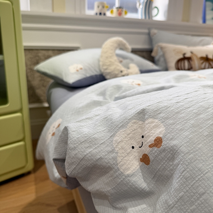 91家纺网 家纺一手货源 找家纺 水墨江南 2026直播热款泡芙棉双层纱四件套 可爱云朵