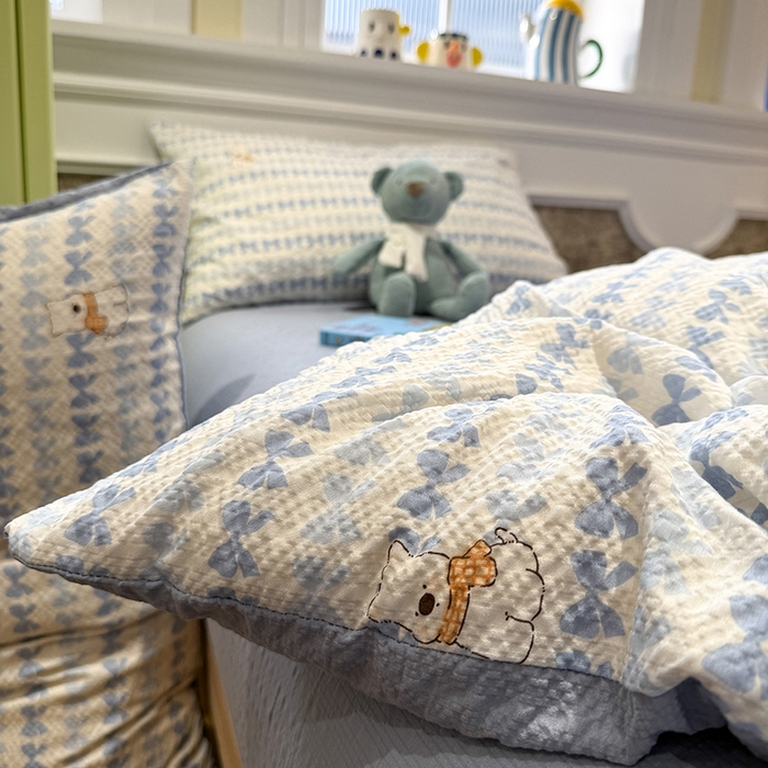 91家纺网 家纺一手货源 找家纺 水墨江南 2026直播热款泡芙棉双层纱四件套 泡芙小狗