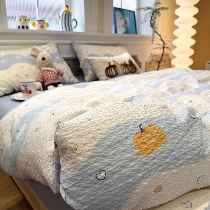 91家纺网 家纺一手货源 找家纺 水墨江南 2026直播热款泡芙棉双层纱四件套 果子象