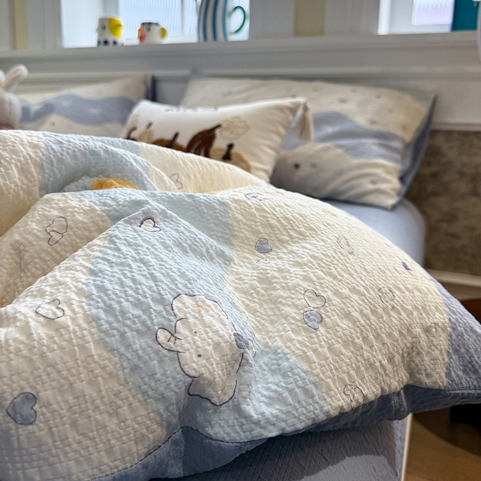 91家纺网 家纺一手货源 找家纺 水墨江南 2026直播热款泡芙棉双层纱四件套 果子象