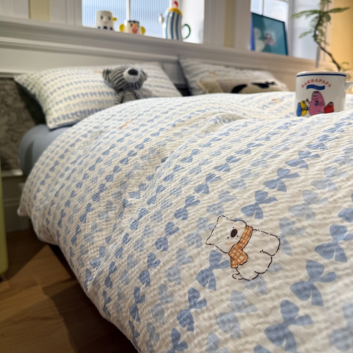 91家纺网 家纺一手货源 找家纺 水墨江南 2026直播热款泡芙棉双层纱四件套 泡芙小狗