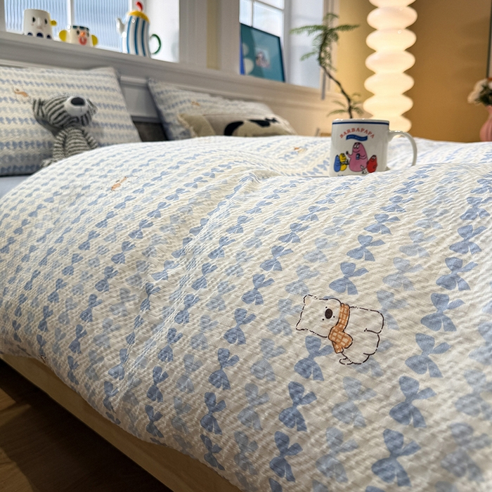 91家纺网 家纺一手货源 找家纺 水墨江南 2026直播热款泡芙棉双层纱四件套 泡芙小狗