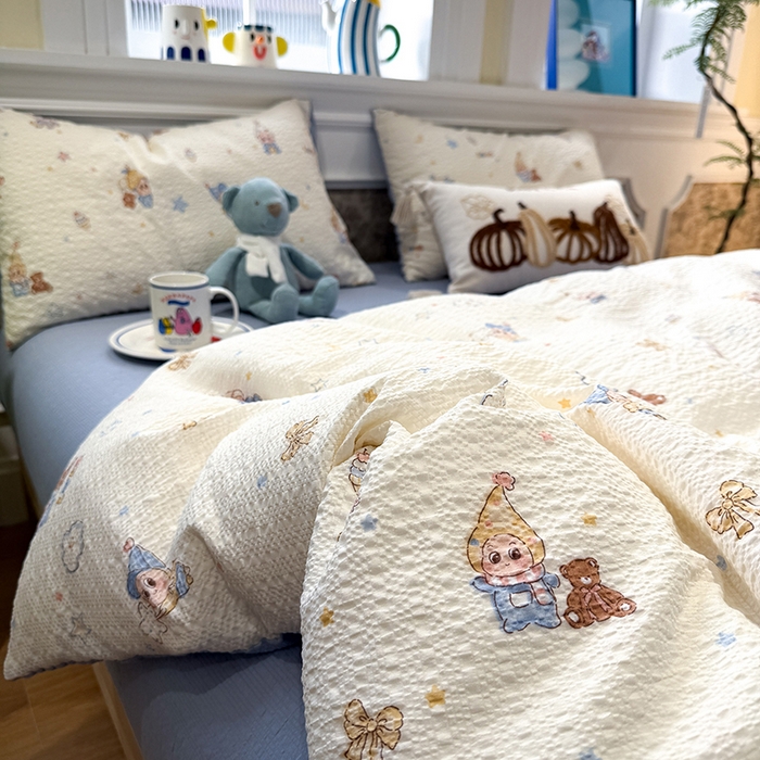 91家纺网 家纺一手货源 找家纺 水墨江南 2026直播热款泡芙棉双层纱四件套 可爱星仔