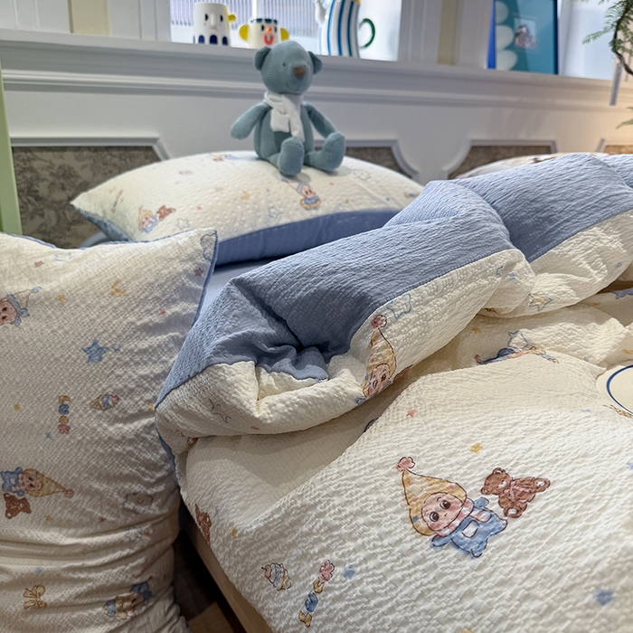 91家纺网 家纺一手货源 找家纺 水墨江南 2026直播热款泡芙棉双层纱四件套 可爱星仔