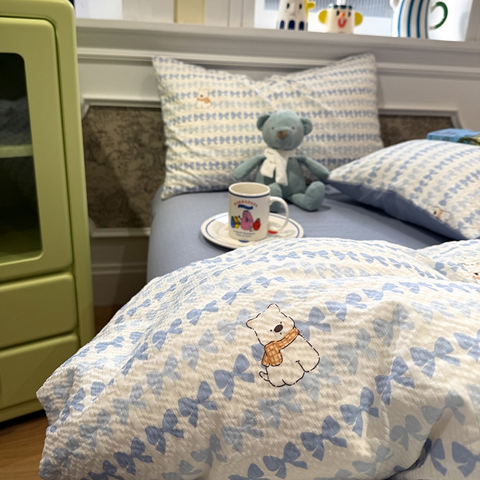 91家纺网 家纺一手货源 找家纺 水墨江南 2026直播热款泡芙棉双层纱四件套 泡芙小狗