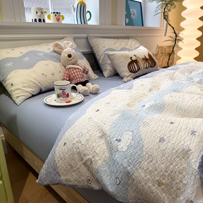 91家纺网 家纺一手货源 找家纺 水墨江南 2026直播热款泡芙棉双层纱四件套 果子象