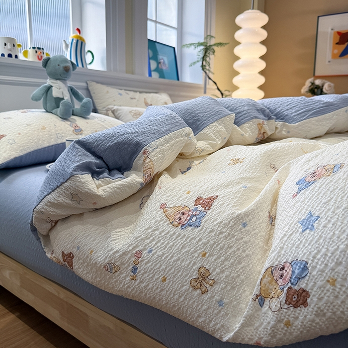 91家纺网 家纺一手货源 找家纺 水墨江南 2026直播热款泡芙棉双层纱四件套 可爱星仔