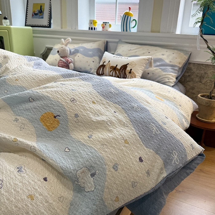 91家纺网 家纺一手货源 找家纺 水墨江南 2026直播热款泡芙棉双层纱四件套 果子象