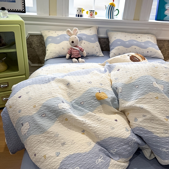 91家纺网 家纺一手货源 找家纺 水墨江南 2026直播热款泡芙棉双层纱四件套 果子象