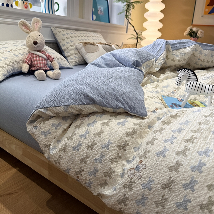 91家纺网 家纺一手货源 找家纺 水墨江南 2026直播热款泡芙棉双层纱四件套 小马派对