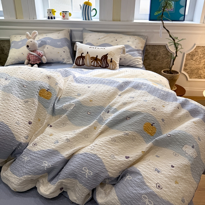 91家纺网 家纺一手货源 找家纺 水墨江南 2026直播热款泡芙棉双层纱四件套 果子象