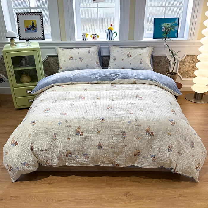 91家纺网 家纺一手货源 找家纺 水墨江南 2026直播热款泡芙棉双层纱四件套 可爱星仔