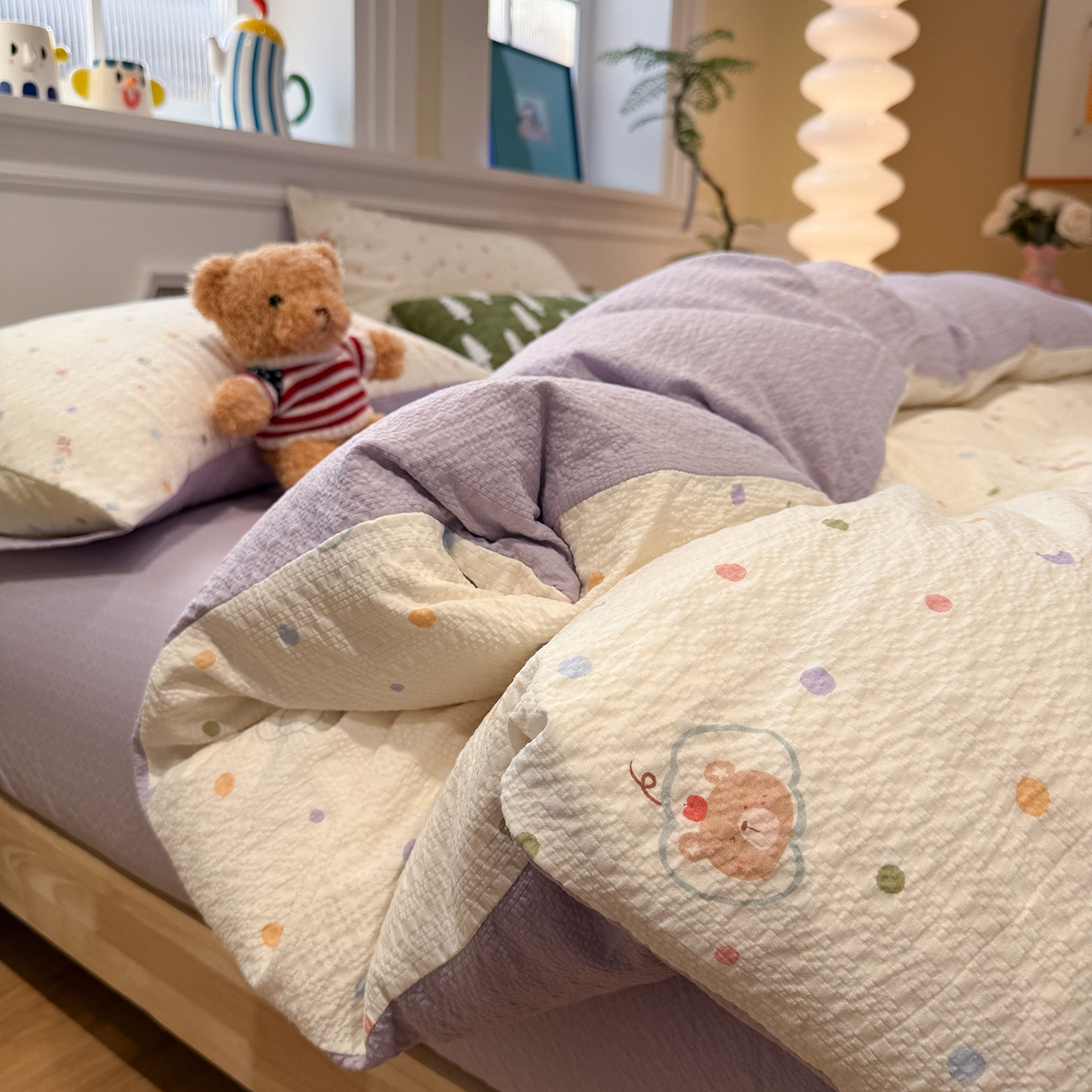 91家纺网 家纺一手货源 找家纺 水墨江南 2026直播热款泡芙棉双层纱四件套 小熊啵啵