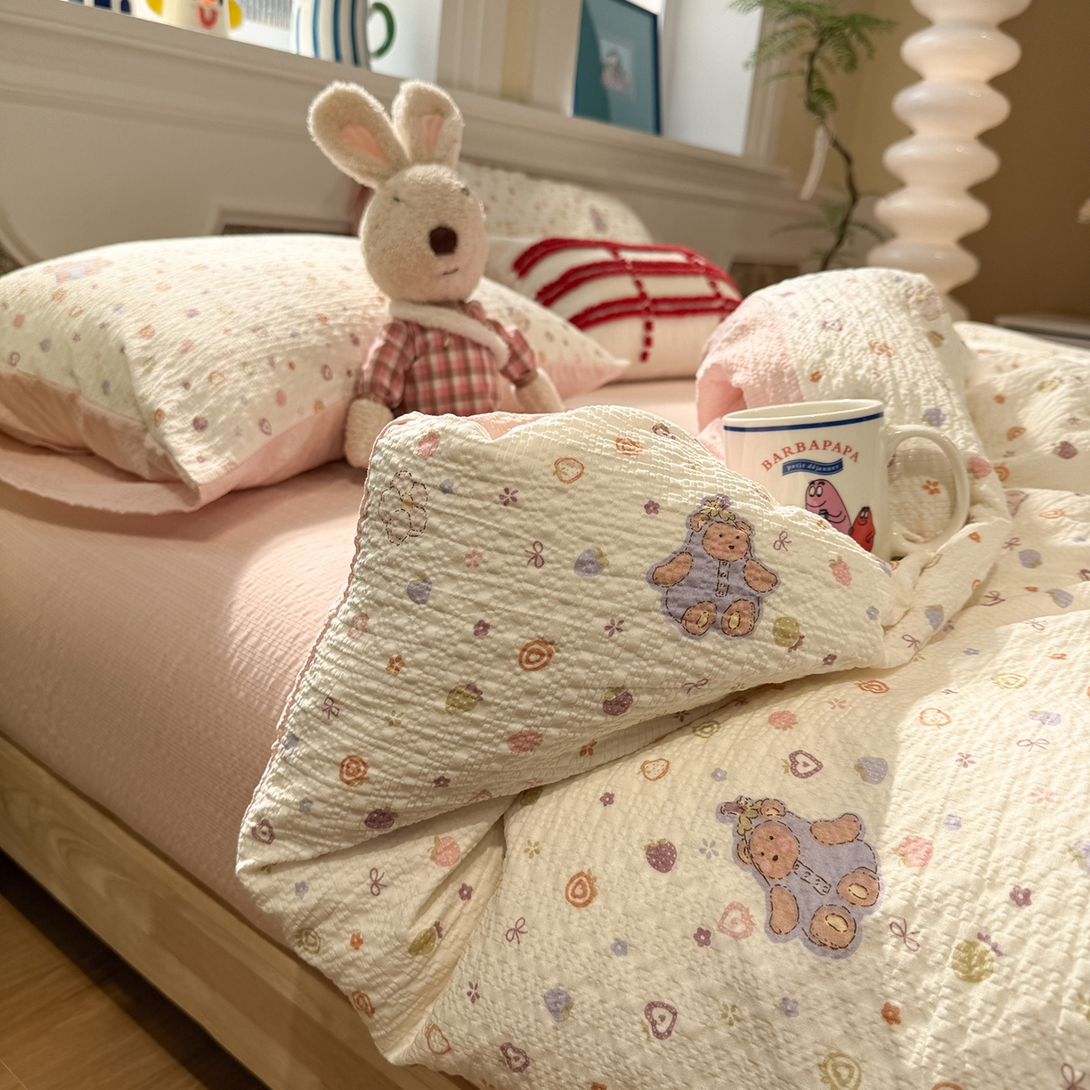 91家纺网 家纺一手货源 找家纺 水墨江南 2026直播热款泡芙棉双层纱四件套 甜心伙伴