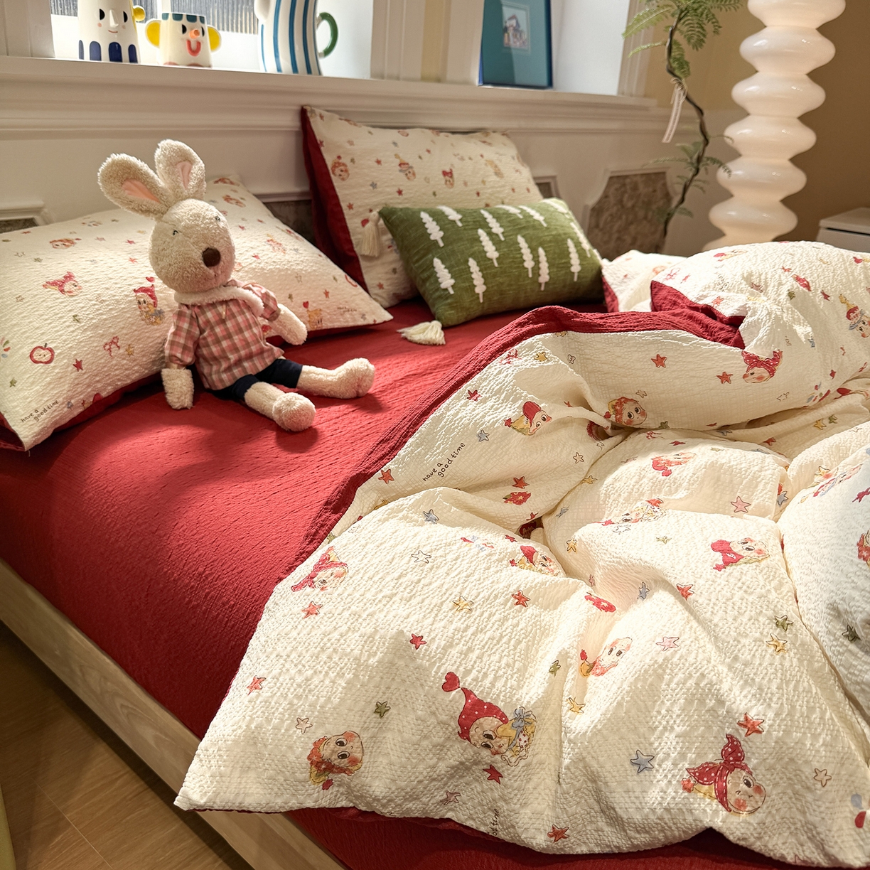 91家纺网 家纺一手货源 找家纺 水墨江南 2026直播热款泡芙棉双层纱四件套 快乐星星