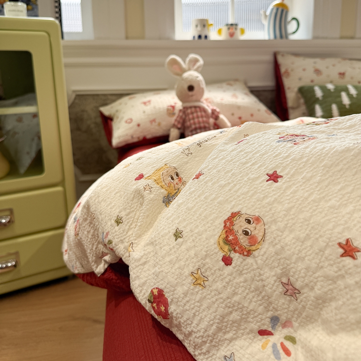 91家纺网 家纺一手货源 找家纺 水墨江南 2026直播热款泡芙棉双层纱四件套 快乐星星