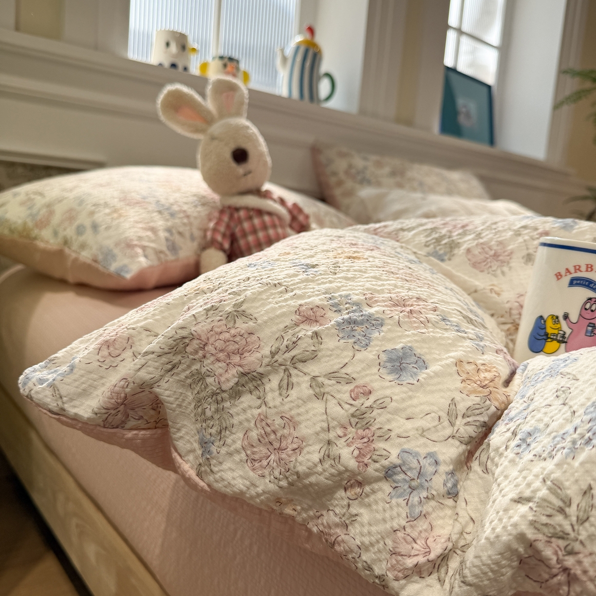 91家纺网 家纺一手货源 找家纺 水墨江南 2026直播热款泡芙棉双层纱四件套 粉黛佳人