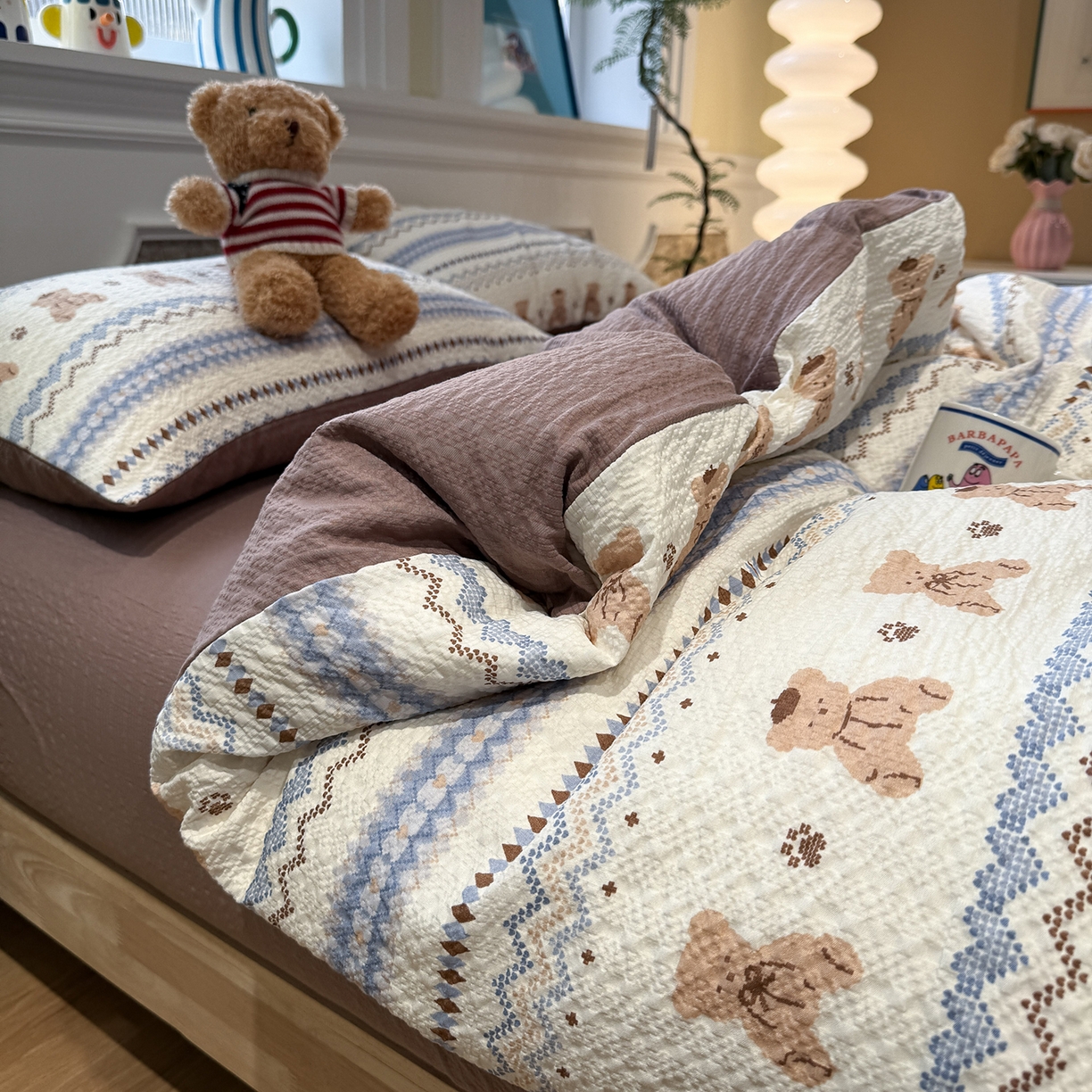 91家纺网 家纺一手货源 找家纺 水墨江南 2026直播热款泡芙棉双层纱四件套 费尔岛小熊