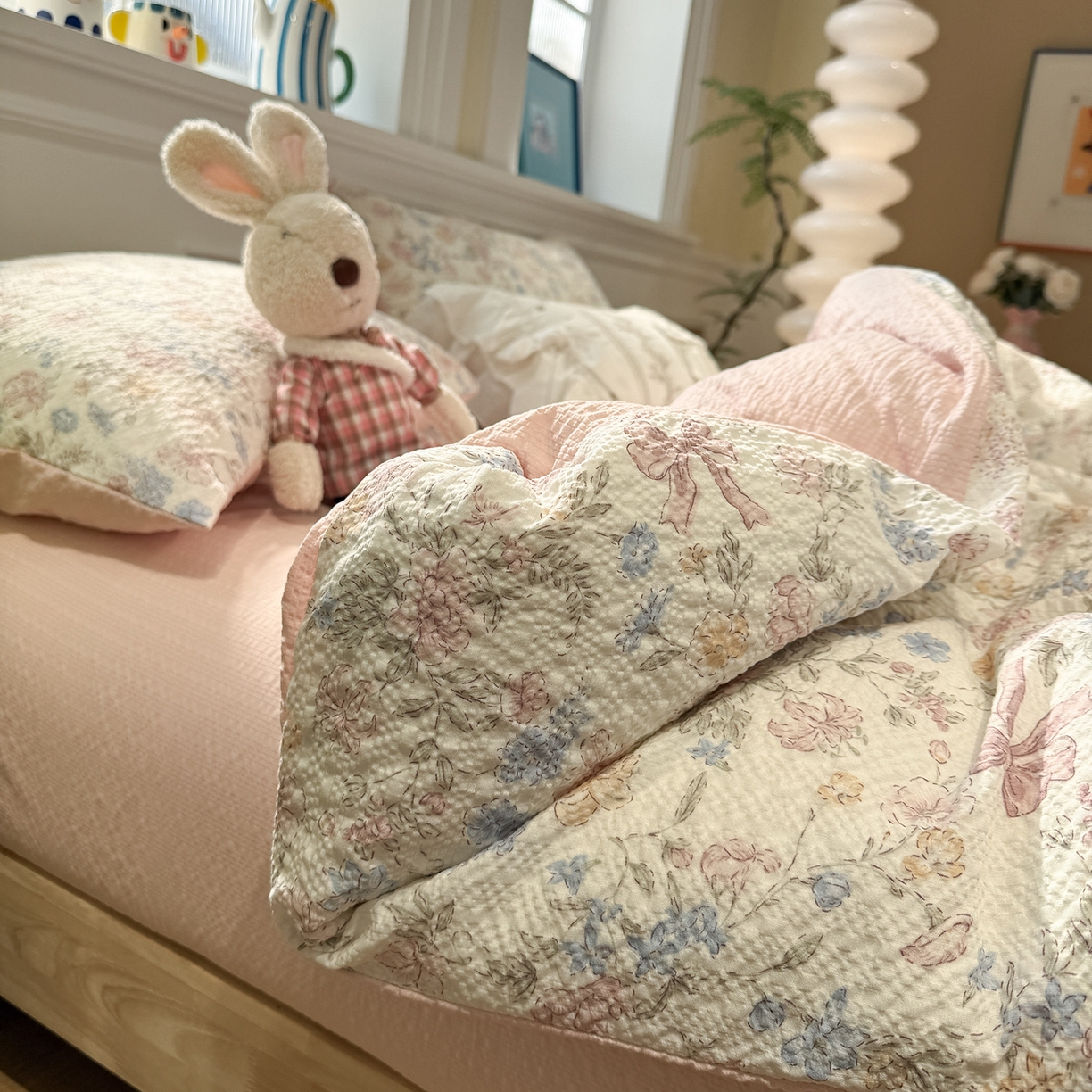 91家纺网 家纺一手货源 找家纺 水墨江南 2026直播热款泡芙棉双层纱四件套 粉黛佳人