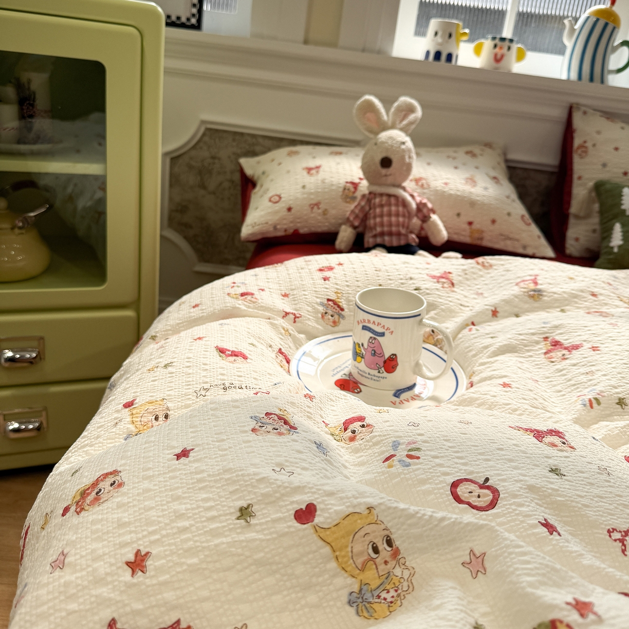 91家纺网 家纺一手货源 找家纺 水墨江南 2026直播热款泡芙棉双层纱四件套 快乐星星