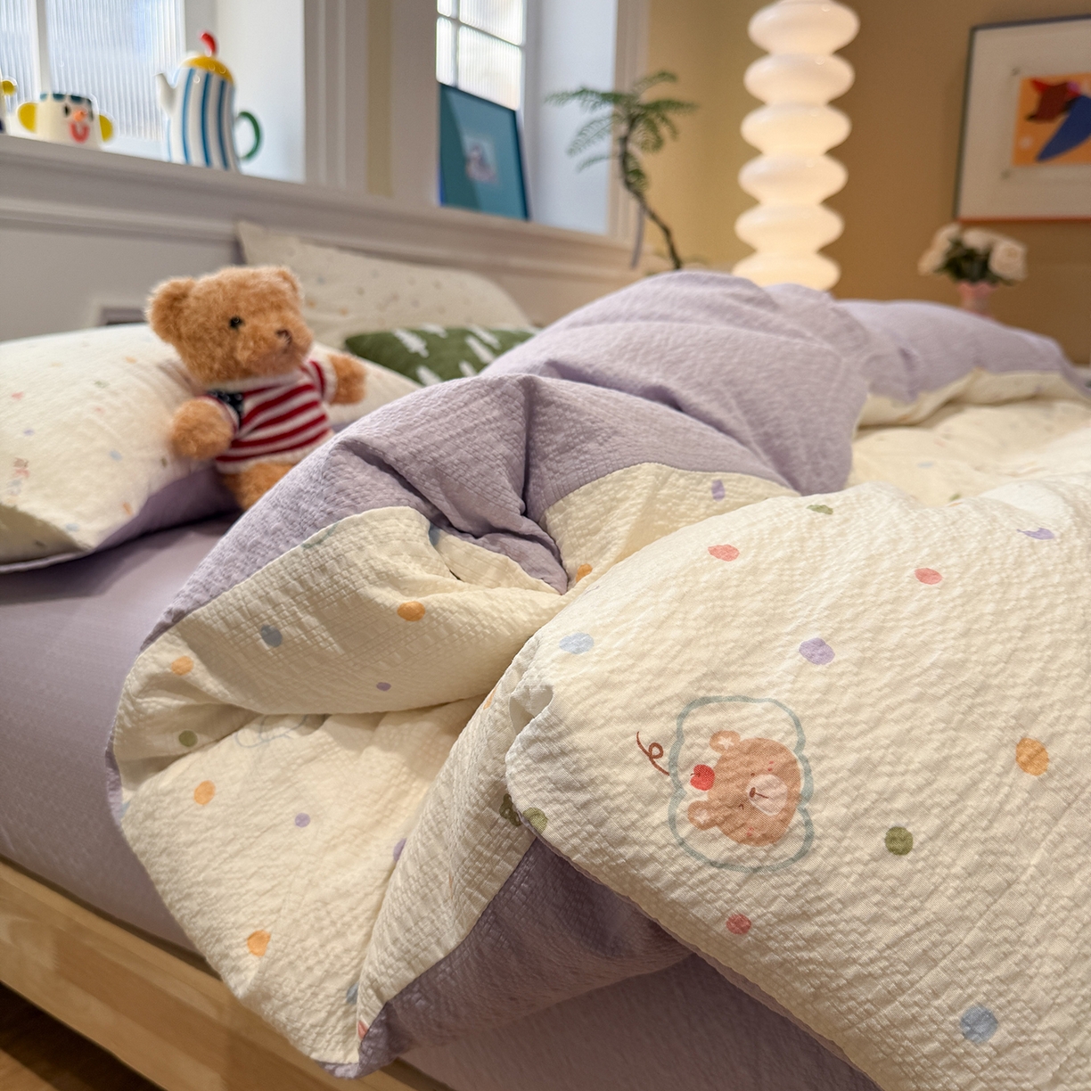 91家纺网 家纺一手货源 找家纺 水墨江南 2026直播热款泡芙棉双层纱四件套 小熊啵啵