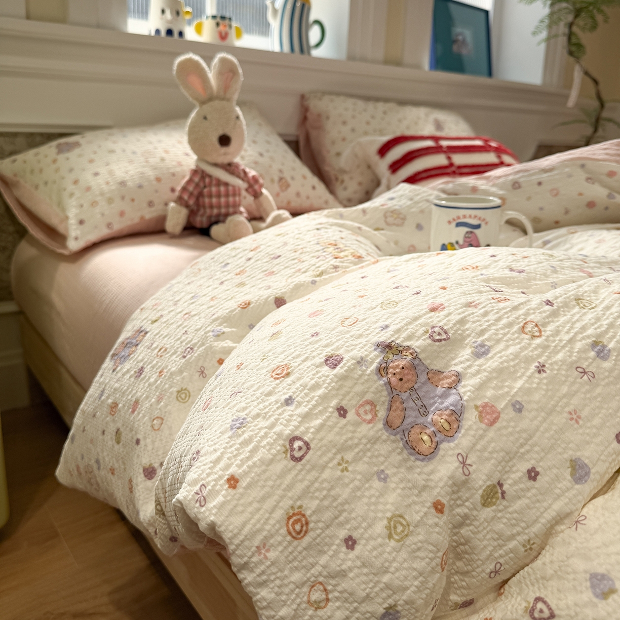 91家纺网 家纺一手货源 找家纺 水墨江南 2026直播热款泡芙棉双层纱四件套 甜心伙伴