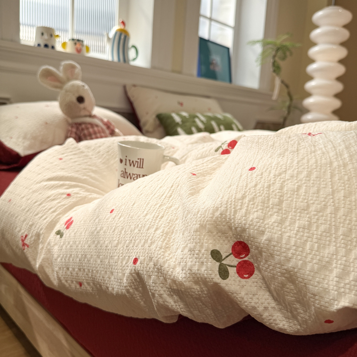 91家纺网 家纺一手货源 找家纺 水墨江南 2026直播热款泡芙棉双层纱四件套 樱桃啵啵