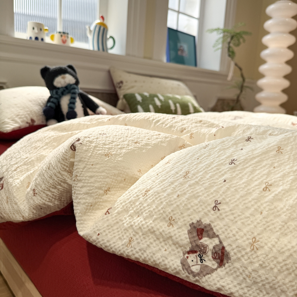 91家纺网 家纺一手货源 找家纺 水墨江南 2026直播热款泡芙棉双层纱四件套 木马甜心