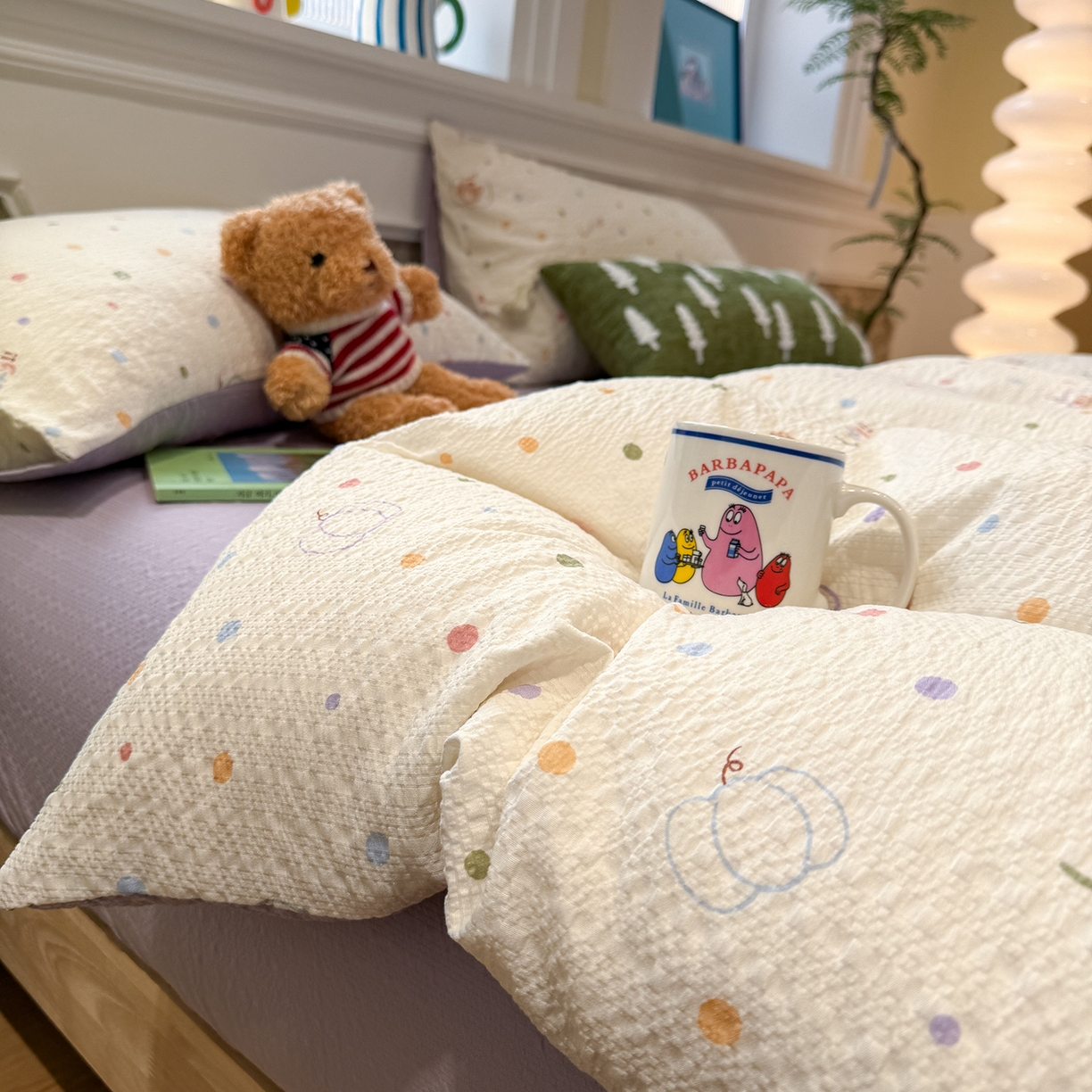 91家纺网 家纺一手货源 找家纺 水墨江南 2026直播热款泡芙棉双层纱四件套 小熊啵啵