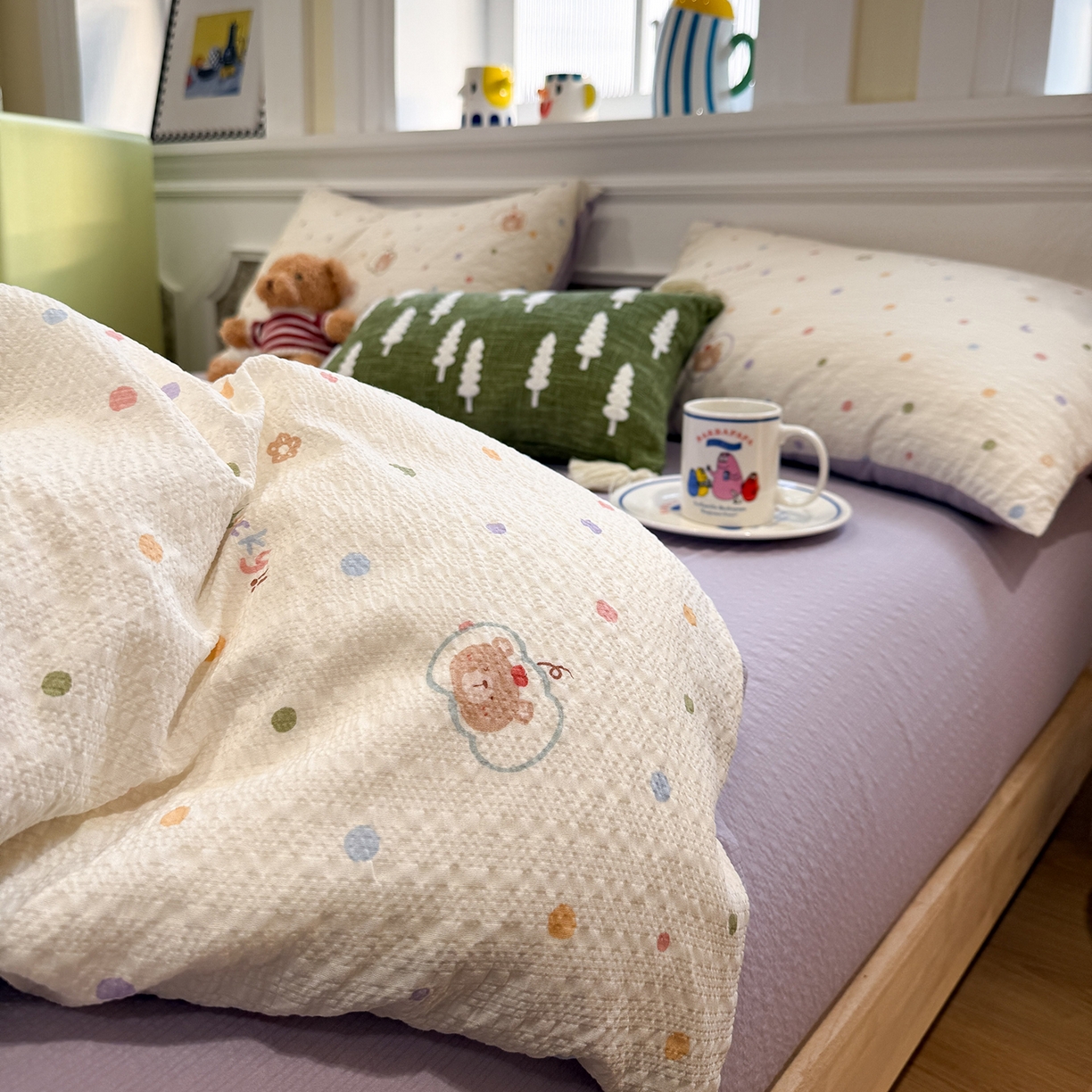 91家纺网 家纺一手货源 找家纺 水墨江南 2026直播热款泡芙棉双层纱四件套 小熊啵啵