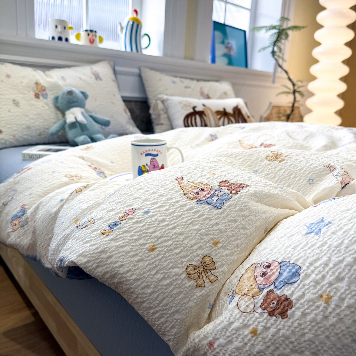 91家纺网 家纺一手货源 找家纺 水墨江南 2026直播热款泡芙棉双层纱四件套 可爱星仔