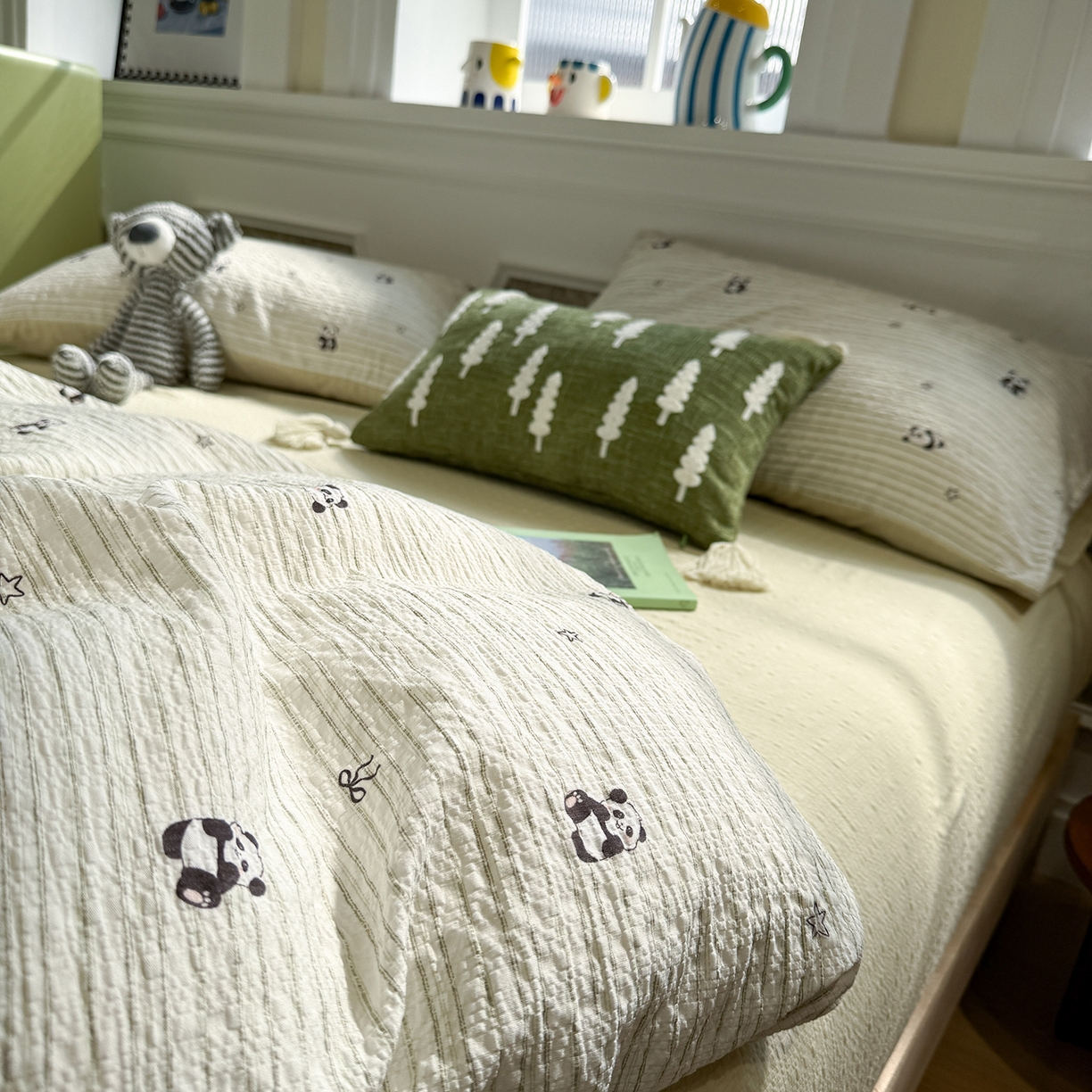 91家纺网 家纺一手货源 找家纺 水墨江南 2026直播热款泡芙棉双层纱四件套 可爱熊猫