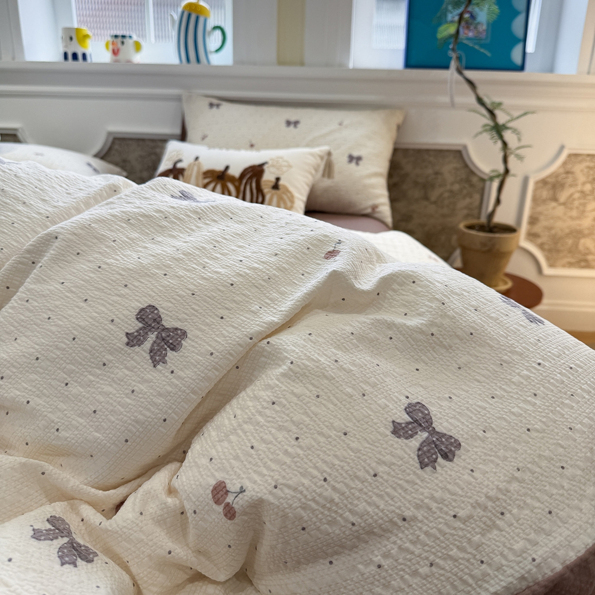 91家纺网 家纺一手货源 找家纺 水墨江南 2026直播热款泡芙棉双层纱四件套 蝴蝶结果果