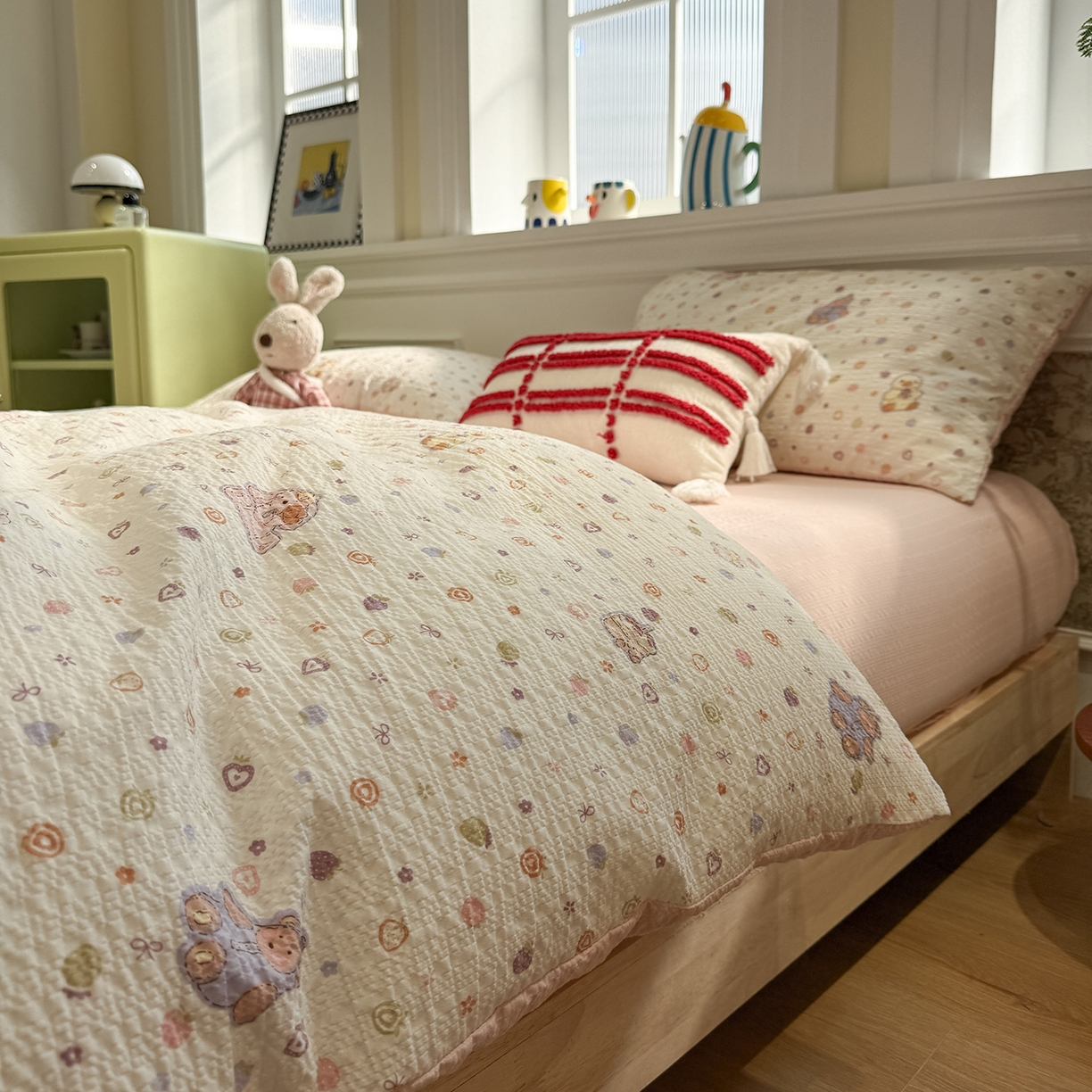 91家纺网 家纺一手货源 找家纺 水墨江南 2026直播热款泡芙棉双层纱四件套 甜心伙伴