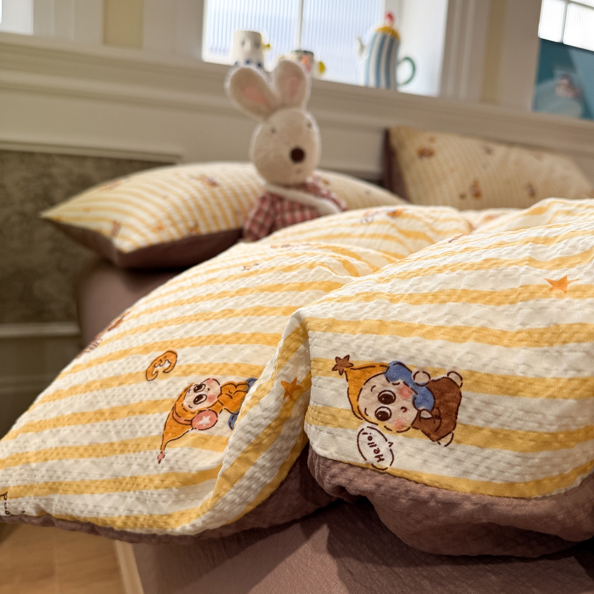 91家纺网 家纺一手货源 找家纺 水墨江南 2026直播热款泡芙棉双层纱四件套 可爱小星星