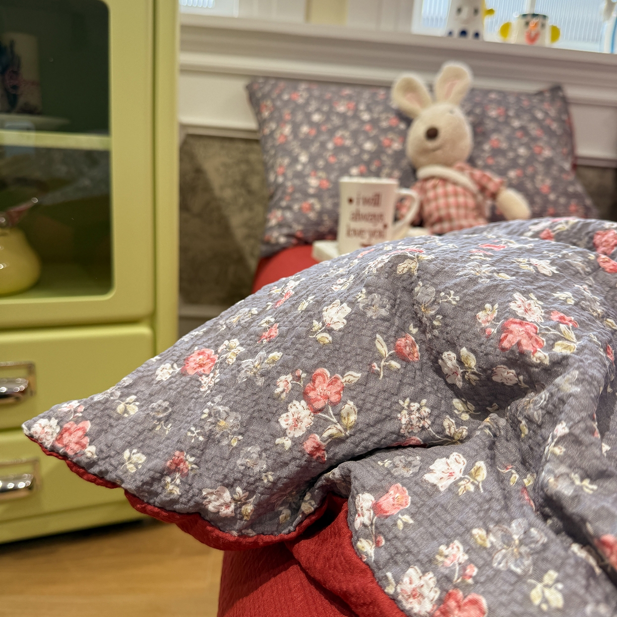 91家纺网 家纺一手货源 找家纺 水墨江南 2026直播热款泡芙棉双层纱四件套 花季