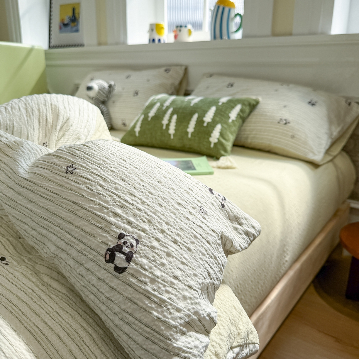 91家纺网 家纺一手货源 找家纺 水墨江南 2026直播热款泡芙棉双层纱四件套 可爱熊猫