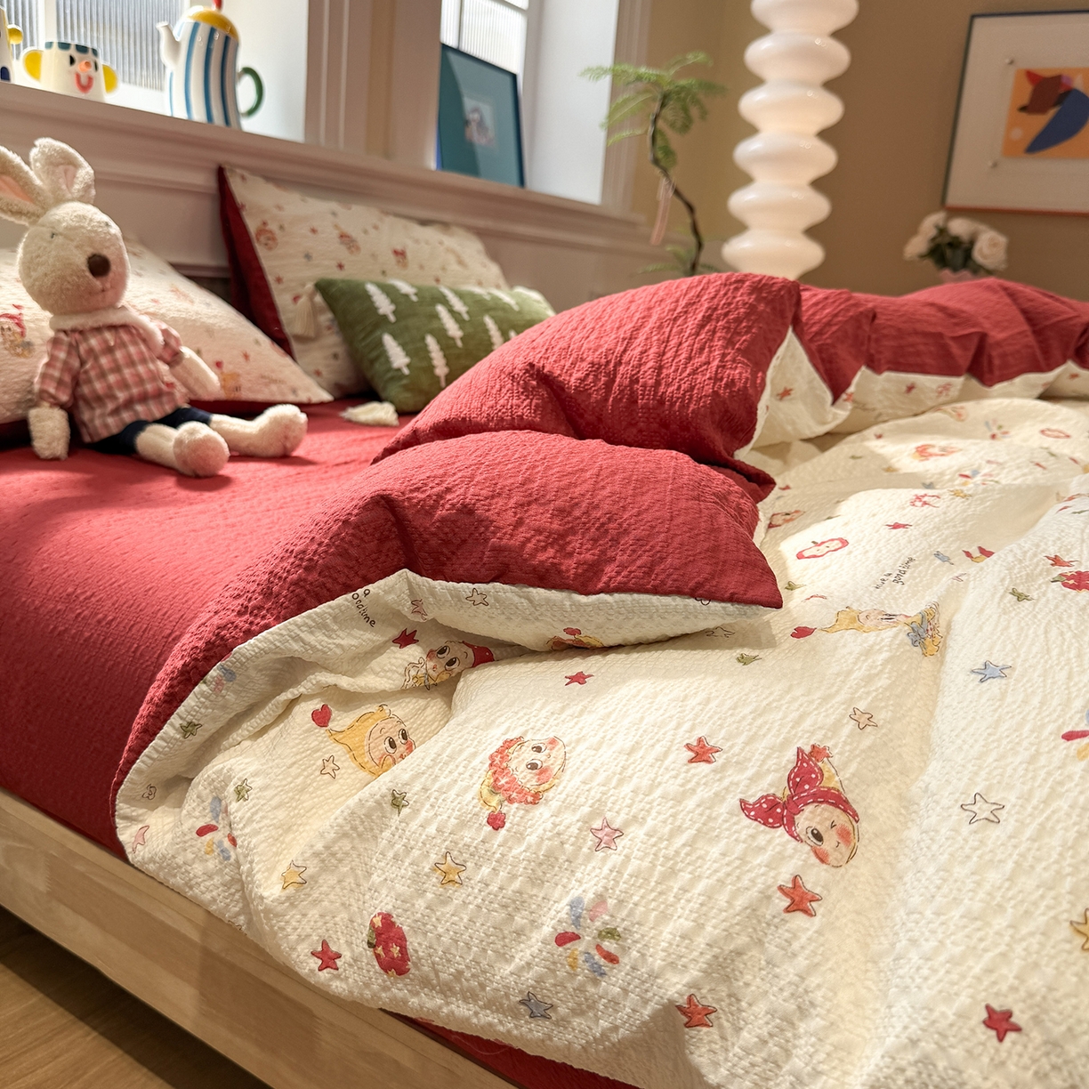 91家纺网 家纺一手货源 找家纺 水墨江南 2026直播热款泡芙棉双层纱四件套 快乐星星