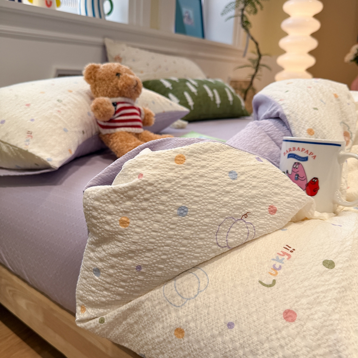 91家纺网 家纺一手货源 找家纺 水墨江南 2026直播热款泡芙棉双层纱四件套 小熊啵啵