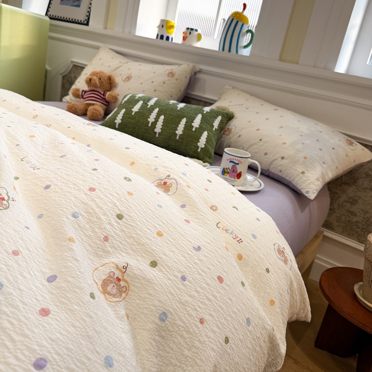 91家纺网 家纺一手货源 找家纺 水墨江南 2026直播热款泡芙棉双层纱四件套 小熊啵啵