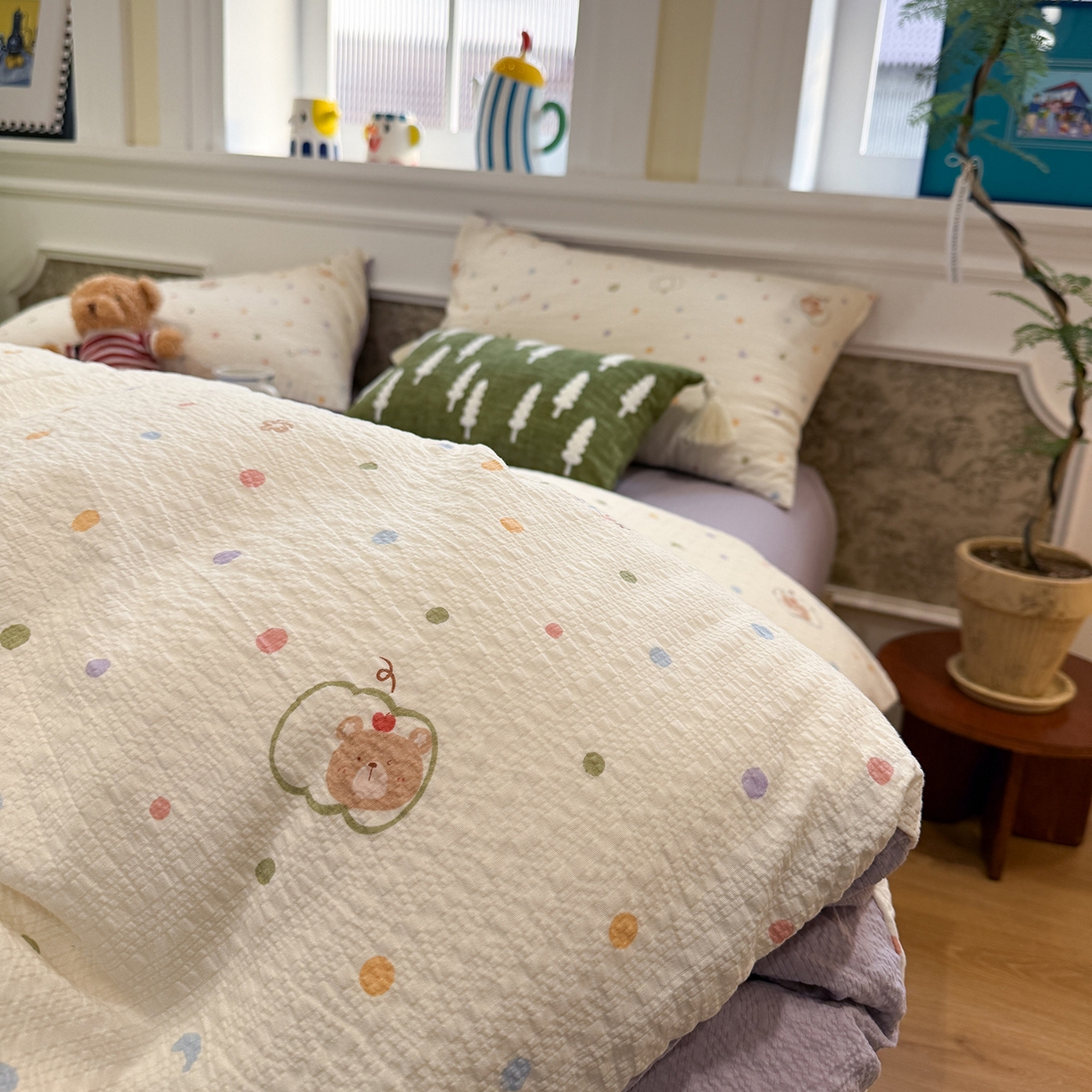 91家纺网 家纺一手货源 找家纺 水墨江南 2026直播热款泡芙棉双层纱四件套 小熊啵啵