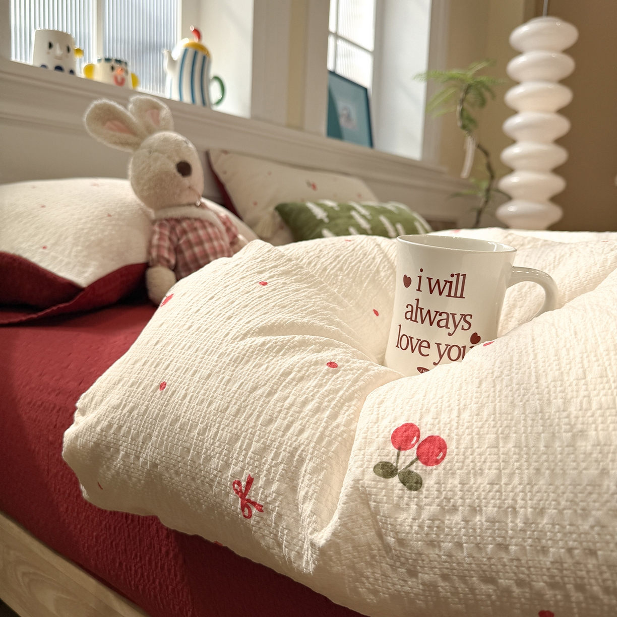 91家纺网 家纺一手货源 找家纺 水墨江南 2026直播热款泡芙棉双层纱四件套 樱桃啵啵