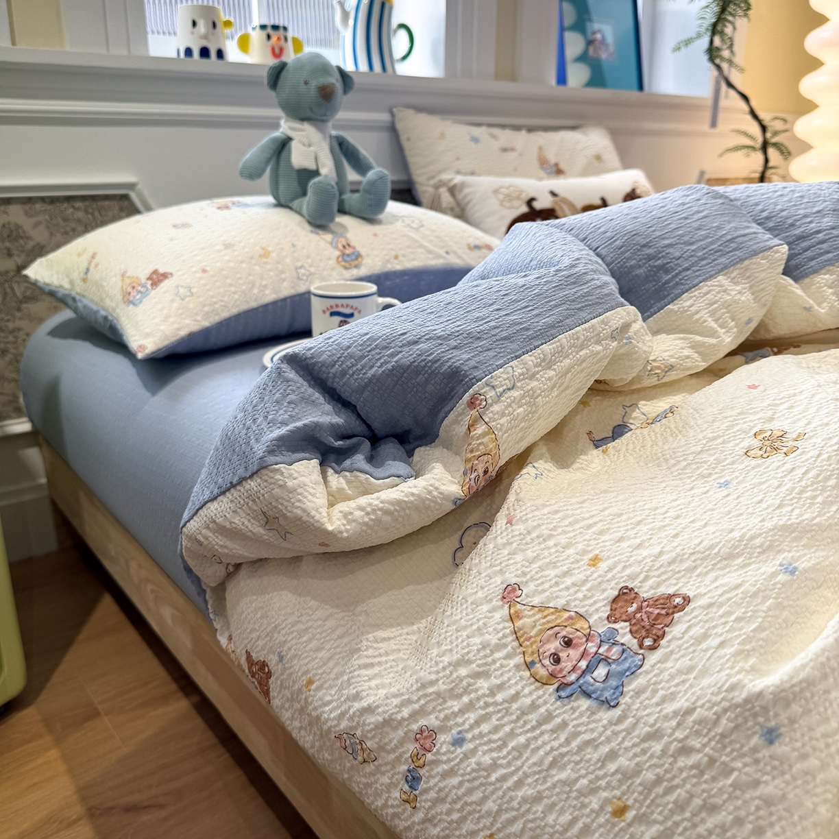 91家纺网 家纺一手货源 找家纺 水墨江南 2026直播热款泡芙棉双层纱四件套 可爱星仔