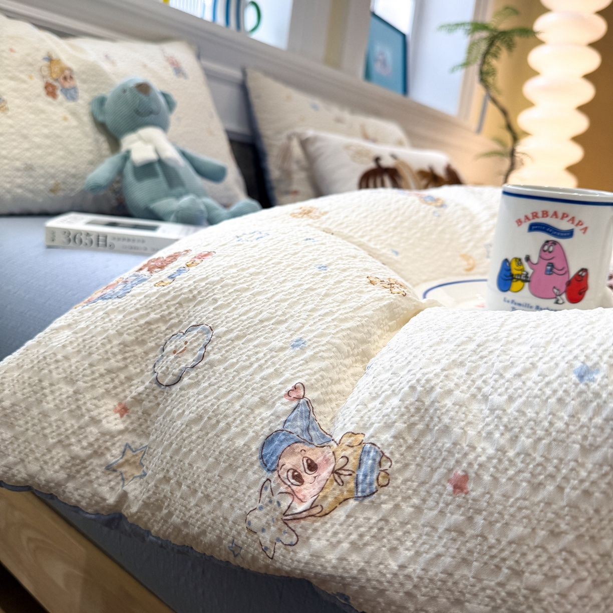 91家纺网 家纺一手货源 找家纺 水墨江南 2026直播热款泡芙棉双层纱四件套 可爱星仔