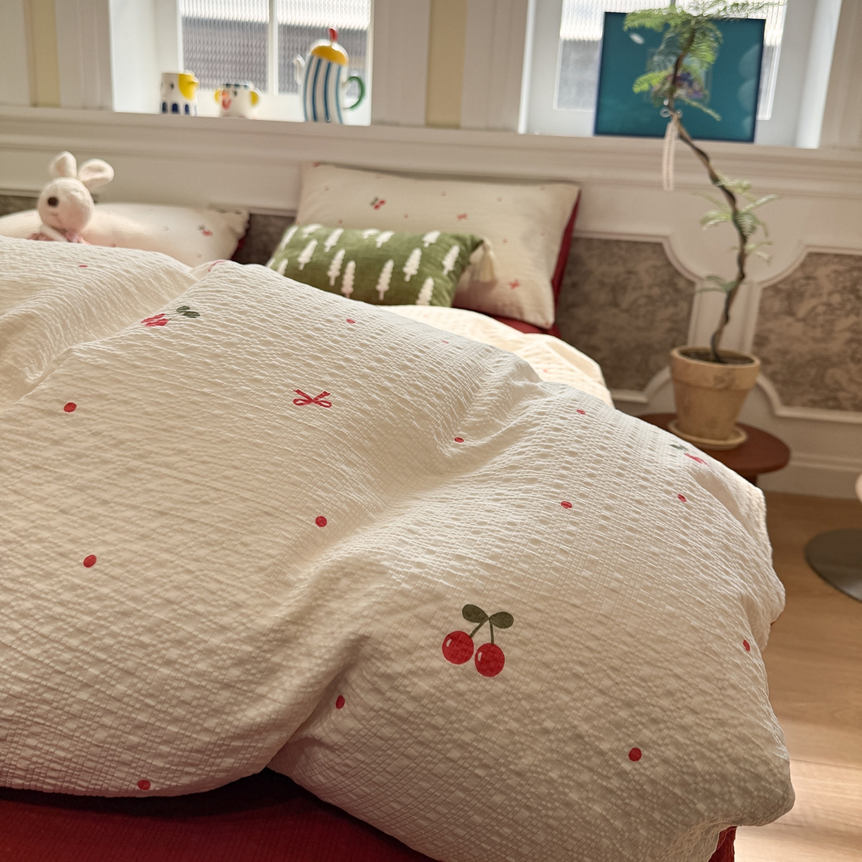 91家纺网 家纺一手货源 找家纺 水墨江南 2026直播热款泡芙棉双层纱四件套 樱桃啵啵