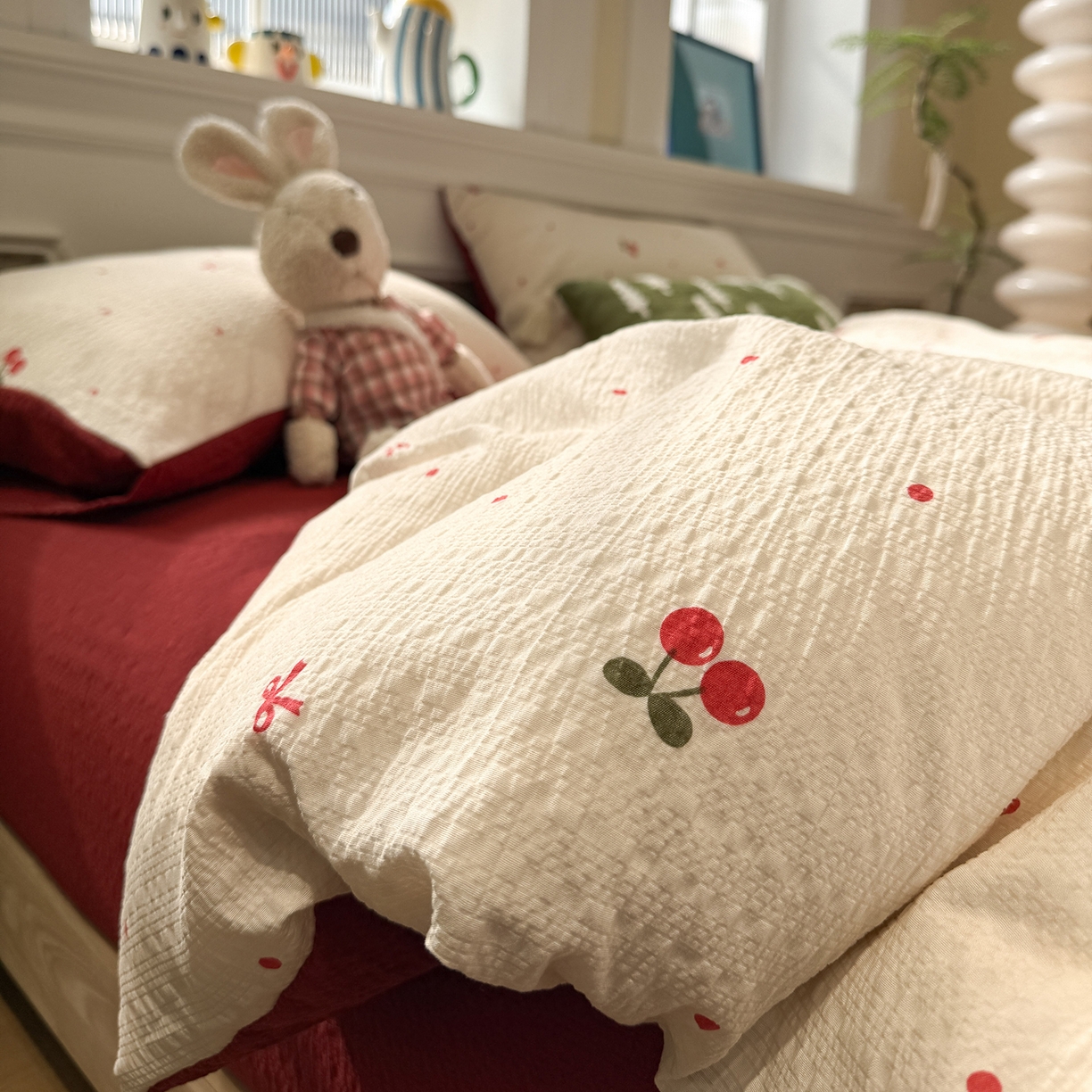 91家纺网 家纺一手货源 找家纺 水墨江南 2026直播热款泡芙棉双层纱四件套 樱桃啵啵